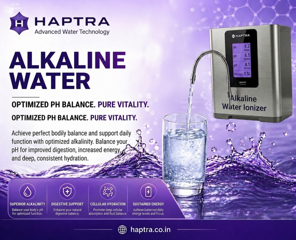 Haptra alkaline water ionizer advertisement featuring a stainless steel machine dispensing water into a glass, with purple-themed water splash background and text highlighting optimized pH balance, pure vitality, and benefits like hydration, digestion support, and sustained energy.