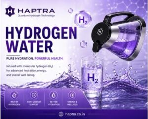 Hydrogen water by Haptra featuring a modern purifier pouring hydrogen-rich water into a glass with purple premium design, highlighting advanced hydration, antioxidant support, and wellness benefits.