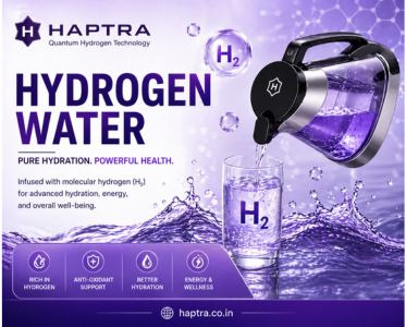 Hydrogen water by Haptra featuring a modern purifier pouring hydrogen-rich water into a glass with purple premium design, highlighting advanced hydration, antioxidant support, and wellness benefits.