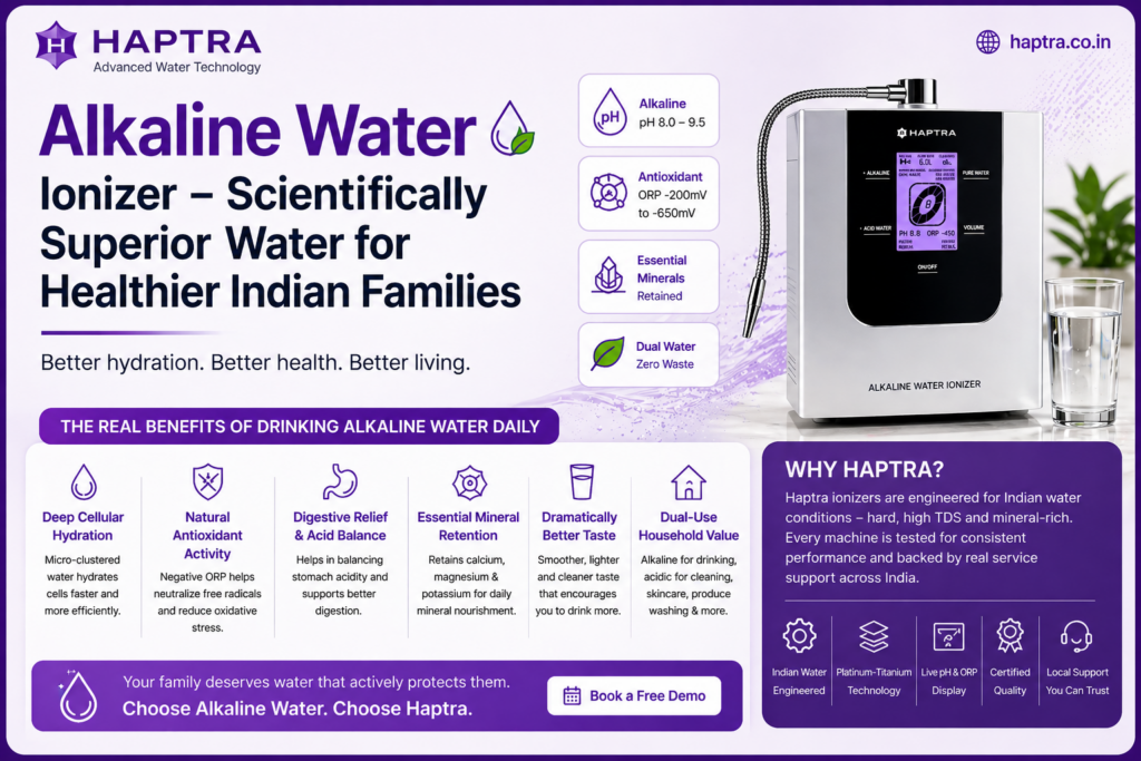 Alkaline water ionizer by Haptra showcasing alkaline water benefits like improved hydration, antioxidant ORP, essential minerals, and better health for Indian households.