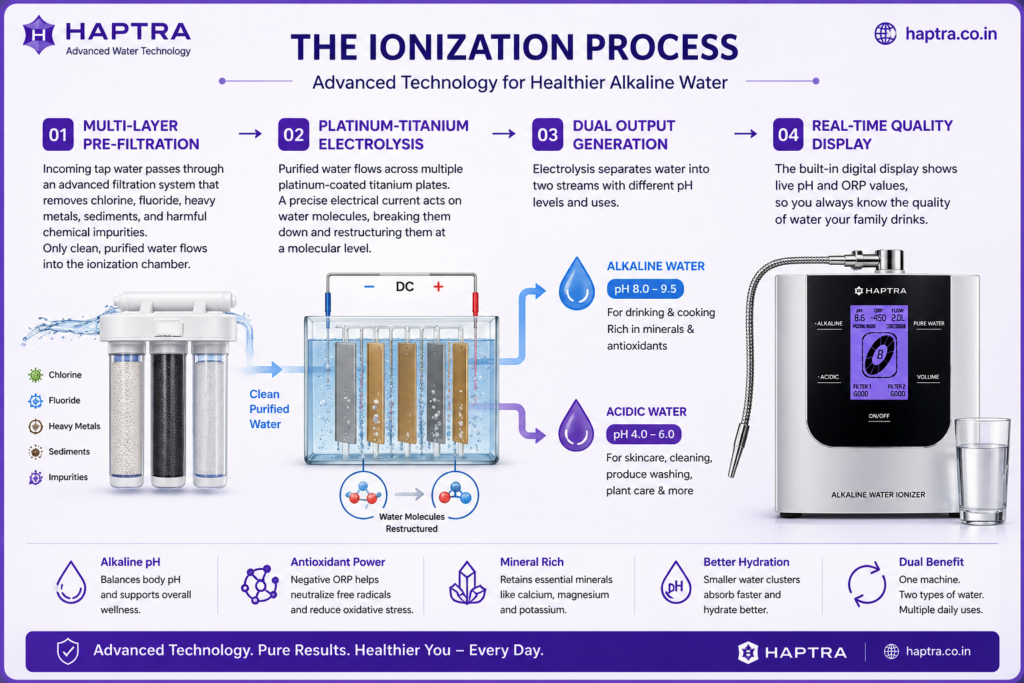 Alkaline water ionizer process by Haptra explaining electrolysis, pH 8.0–9.5 alkaline water, acidic water output, and antioxidant ORP benefits for healthy drinking water.