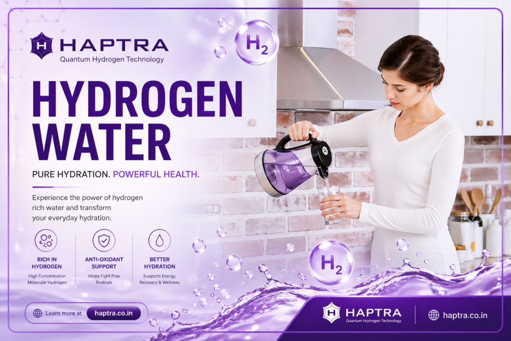 Hydrogen water by Haptra – woman pouring hydrogen-rich water from a modern purifier in a kitchen with purple-themed premium branding highlighting health benefits and advanced hydration technology.