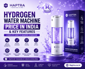 **Alt text:** HAPTRA hydrogen water machine price in India and key features featured image showing a portable molecular hydrogen water bottle with premium packaging, purple splash background, antioxidant wellness benefits, and advanced smart hydration technology.