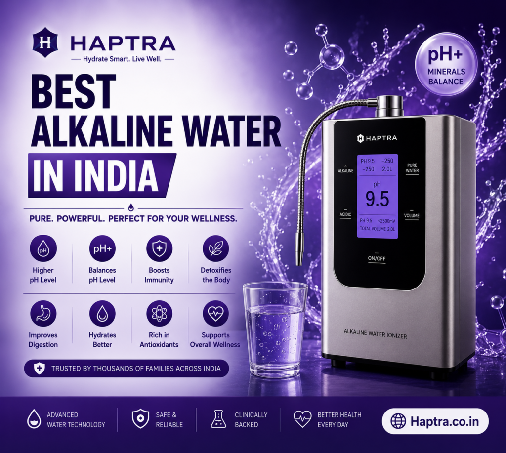 **Alt text:** HAPTRA best alkaline water in India featured image with a modern alkaline water ionizer machine, glowing purple pH 9.5 display, glass of purified water, wellness benefit icons, and premium purple technology-themed background promoting smart hydration and healthy living.