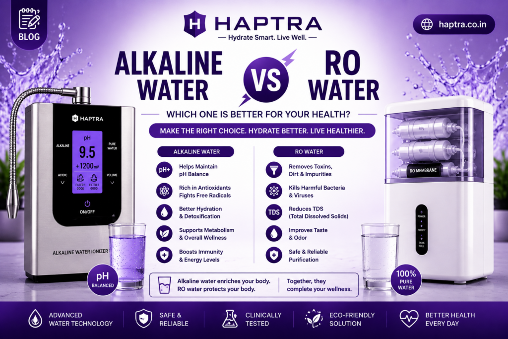 Featured blog image comparing alkaline water vs RO water, showing an alkaline water ionizer on the left and an RO purifier on the right with benefits like pH balance, detoxification, and purification highlighted in a modern purple-themed design.