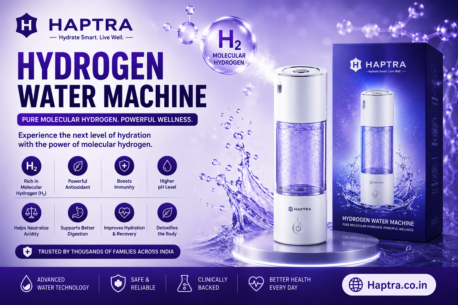 Hydrogen Water Machine Price in India & Key Features 3 **Alt text:**
HAPTRA hydrogen water machine featured image showing a portable molecular hydrogen water bottle with premium packaging, purple water splash background, wellness benefit icons, and advanced hydration technology for healthy living.